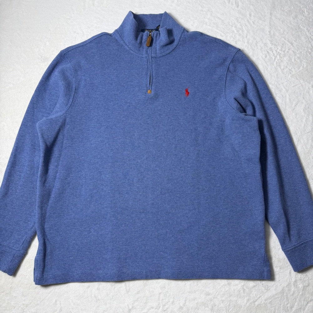 Polo Ralph Lauren Sweater Men Size XL Blue Heather Quarter Zip Pullover Red Pony